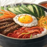 Close-up of a colorful, steaming bowl of Korean Bibimbap served in a traditional stone dolsot pot, s...