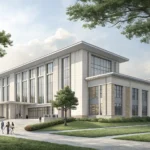 Illustration of a modern Korean university building symbolizing a business school for learning about...