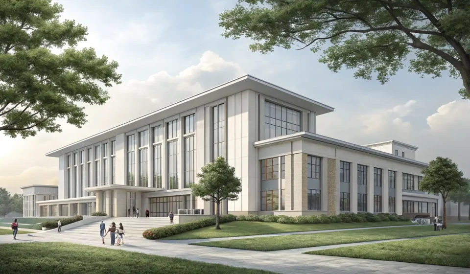 Illustration of a modern Korean university building symbolizing a business school for learning about...