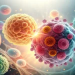 Abstract image depicting stylized glowing blue and white cells multiplying against a soft background...