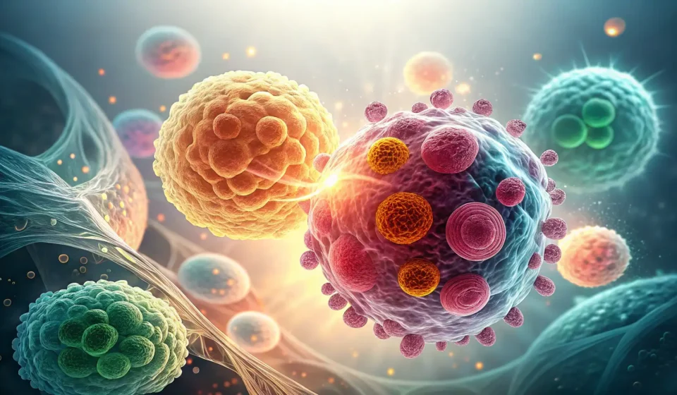 Abstract image depicting stylized glowing blue and white cells multiplying against a soft background...