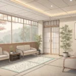 Minimalist illustration of a tranquil modern Korean clinic waiting room with traditional pattern acc...