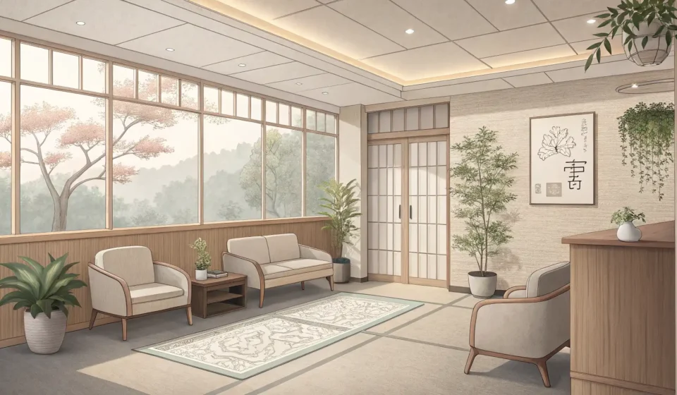 Minimalist illustration of a tranquil modern Korean clinic waiting room with traditional pattern acc...