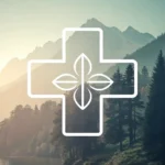 Stylized medical cross symbol decorated with colorful traditional Korean Dancheong patterns, represe...
