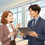 Two colleagues in a modern Korean office, one politely gesturing towards a calendar, representing as...