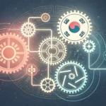Abstract illustration symbolizing a method patent in Korea, combining process elements with Korean d...