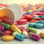 Colorful supplement pills spilling from a white bottle, illustrating the Korean learning topic of mi...