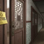 Illustration showing a missed delivery notice sticker on a Korean apartment door with a package outs...