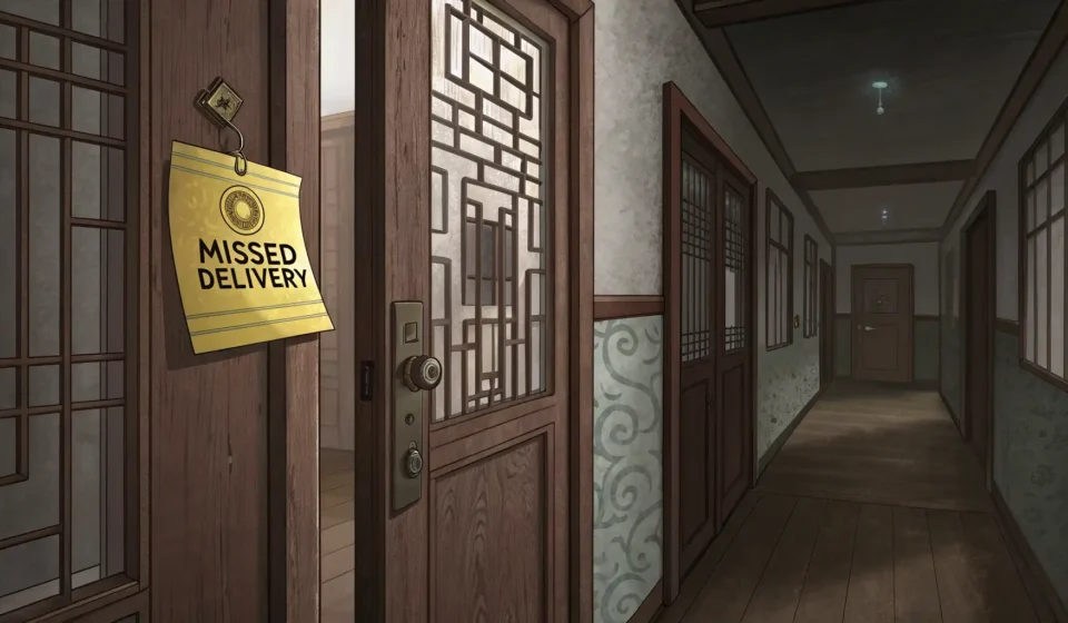 Illustration showing a missed delivery notice sticker on a Korean apartment door with a package outs...