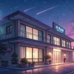 Illustration of a modern Korean motel building at dusk, representing the Korean motel business (모텔업)...