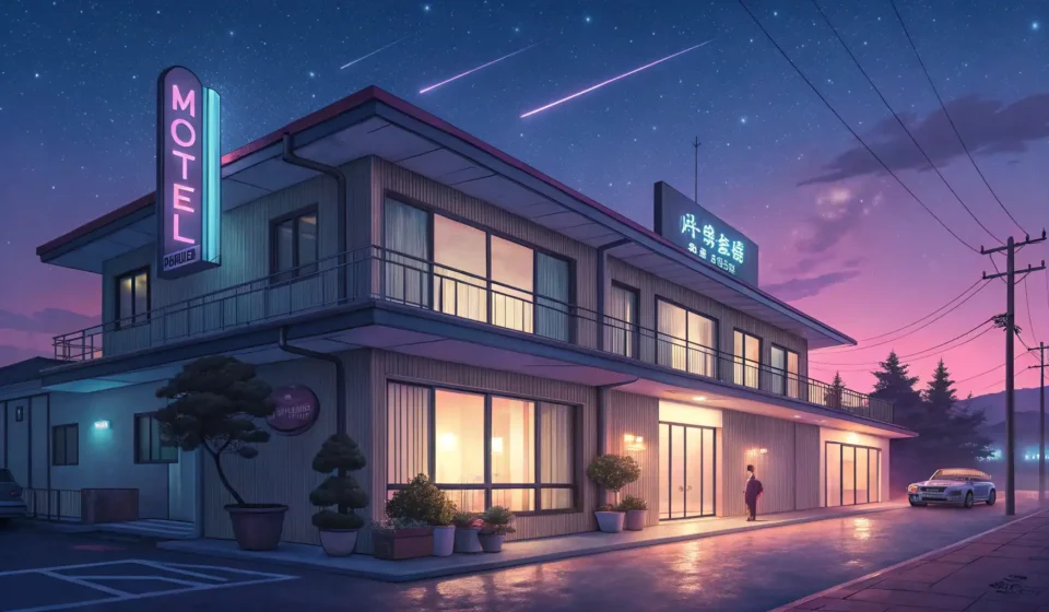 Illustration of a modern Korean motel building at dusk, representing the Korean motel business (모텔업)...