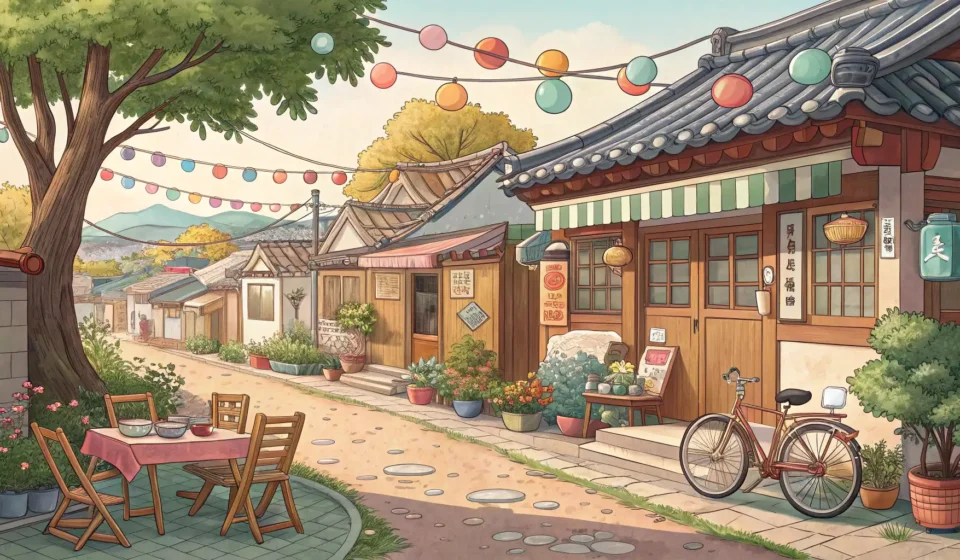 Illustration symbolizing a Korean moving sale (무빙세일/이사 세일), showing used furniture and boxes outside...