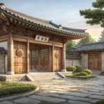 Illustration of a traditional Korean museum entrance alongside a clock symbol, representing the Kore...