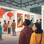 Illustration of a diverse group enjoying a tour inside a modern Korean art museum, representing lear...