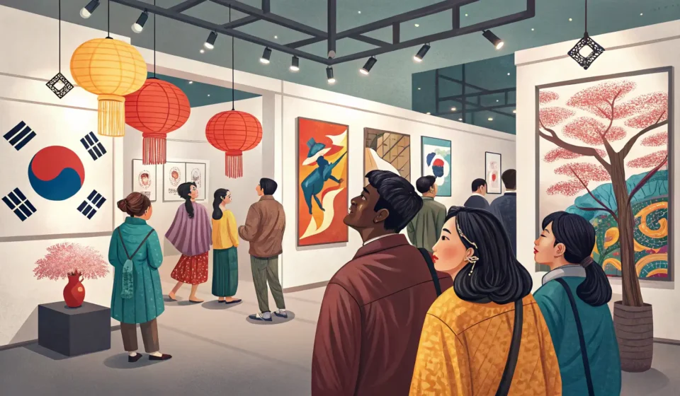 Illustration of a diverse group enjoying a tour inside a modern Korean art museum, representing lear...