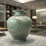 Illustration of a Korean celadon vase in a museum display case, symbolizing learning Korean vocabula...