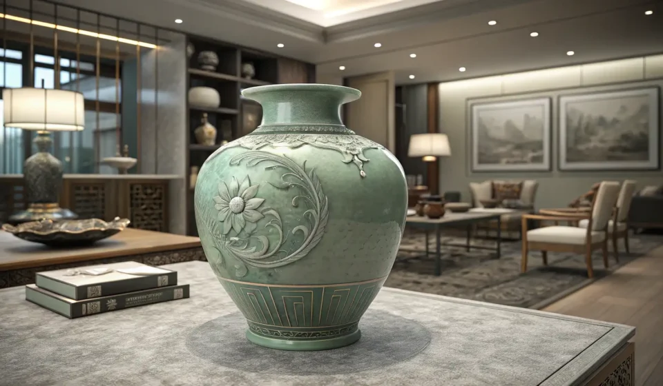 Illustration of a Korean celadon vase in a museum display case, symbolizing learning Korean vocabula...