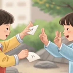 Two children's hands playing rock-paper-scissors to make a decision, set against a blurred backgroun...