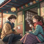 Anime illustration of two young Korean siblings at a campsite playfully negotiating over icons of Ko...