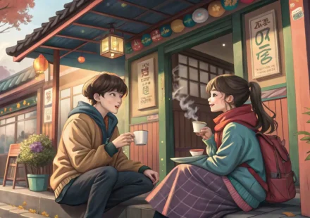 Anime illustration of two young Korean siblings at a campsite playfully negotiating over icons of Ko...