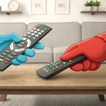 Two hands reaching for a TV remote control on a table, illustrating the concept of negotiating for t...