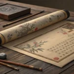 An ancient Korean scroll, a traditional seal (dojang), and a glowing ember scale on a table, symboli...