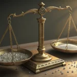 A traditional Korean brass scale balances tiny sparkling pebbles against a miniature ornate Korean t...