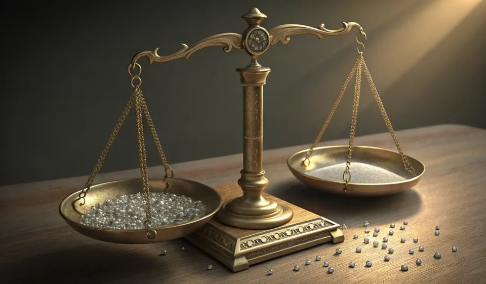 A traditional Korean brass scale balances tiny sparkling pebbles against a miniature ornate Korean t...