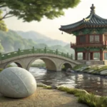 A smooth pebble beside a miniature Korean traditional throne, symbolizing a Korean language lesson a...