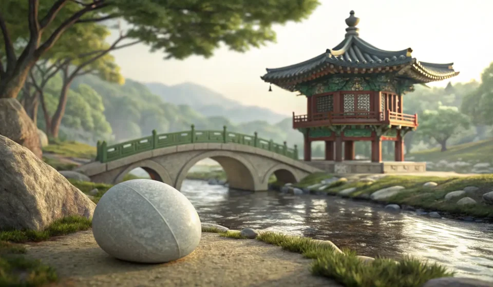 A smooth pebble beside a miniature Korean traditional throne, symbolizing a Korean language lesson a...