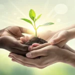 Illustration of diverse hands holding a glowing green sprout, symbolizing non-profit organizations a...