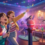 Illustration of a microphone under colorful disco lights in a Korean Noraebang (karaoke room), repre...