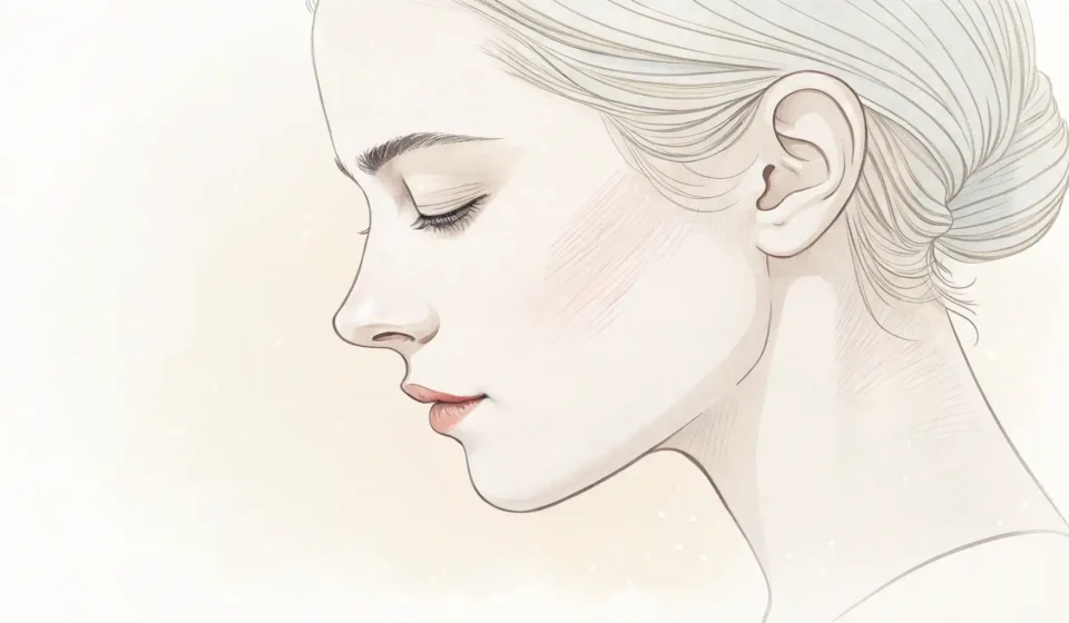 Minimalist illustration showing a face profile with focus on the nose, against a soft Korean-inspire...