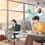 Illustration of two colleagues in a modern Korean office discussing a problem, representing workplac...
