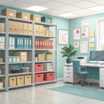 Illustration of a tidy office supply room shelf with various stationery items, subtly suggesting a m...