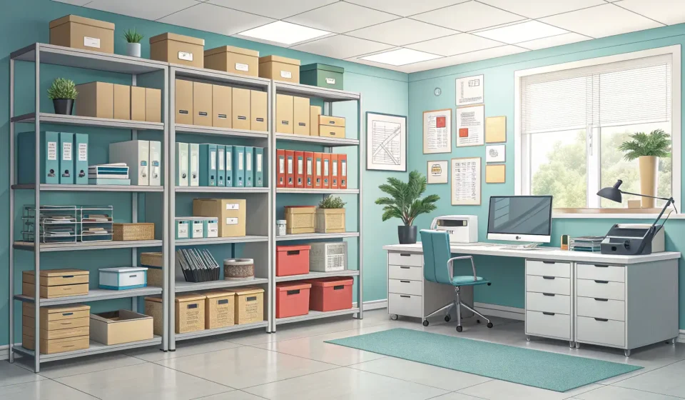 Illustration of a tidy office supply room shelf with various stationery items, subtly suggesting a m...
