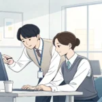 Illustration of two Korean colleagues in an office, one explaining a printer issue while the other s...