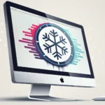 Illustration of a computer screen frozen with a glitchy loading symbol in a modern Korean office, sy...