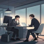 Two colleagues quietly discussing a technical issue, symbolized by a glitching network icon, in a mo...