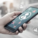 Hand holding a smartphone with abstract banking icons against a blurred modern Korean cityscape back...