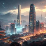 Night view of Seoul skyline overlaid with glowing digital network lines and graphs symbolizing Korea...