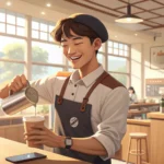 A Korean barista pours extra vanilla syrup into a coffee cup in a modern Korean cafe, illustrating h...
