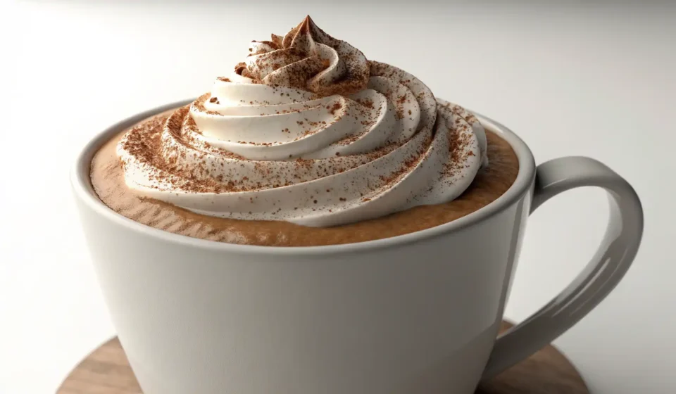 A close-up illustration of a coffee cup filled with latte and topped with an excessive amount of mil...