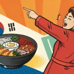 Pop art style image showing a person ordering food from a menu presented by a server in a Korean res...