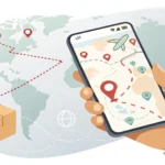 Illustration showing a smartphone with a package tracking map interface, representing how to track d...