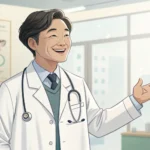 Illustration of a friendly Korean doctor in a clinic setting, symbolizing learning Korean vocabulary...