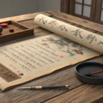 A glowing traditional Korean scroll and ink brush, symbolizing a Korean language lesson about time t...