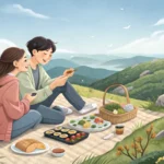 A Korean couple enjoys a picnic lunch on a mountain while watching a paraglider fly over the valley,...