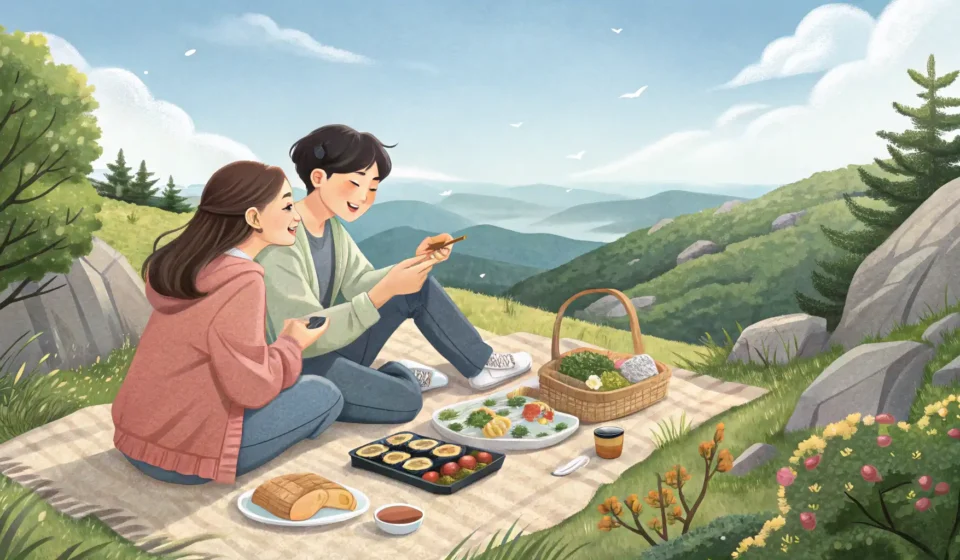 A Korean couple enjoys a picnic lunch on a mountain while watching a paraglider fly over the valley,...