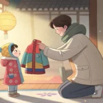 A Korean parent offers a winter coat to a reluctant child indoors, with a snowy scene outside, symbo...